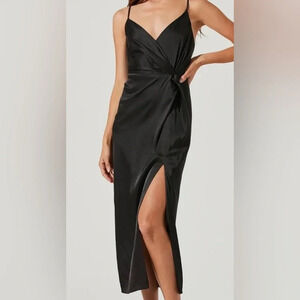 ASTR the Label Twist Front Satin Midi Dress size small black satin cocktail